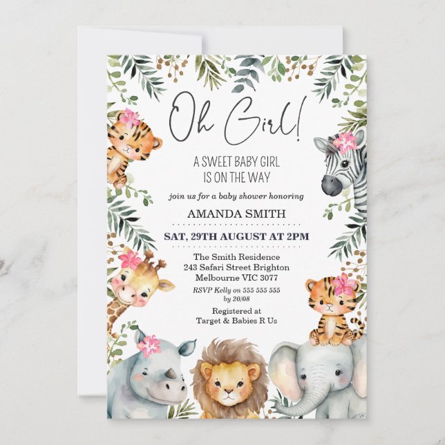 Oh Chica Safari Foliage Invitación a Baby Shower (Anverso)
