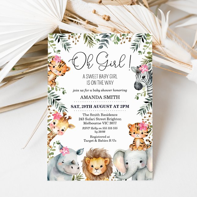 Oh Chica Safari Foliage Invitación a Baby Shower (Sweet girl safari baby shower invitation featuring seven jungle animals, foliage and pink flowers.)