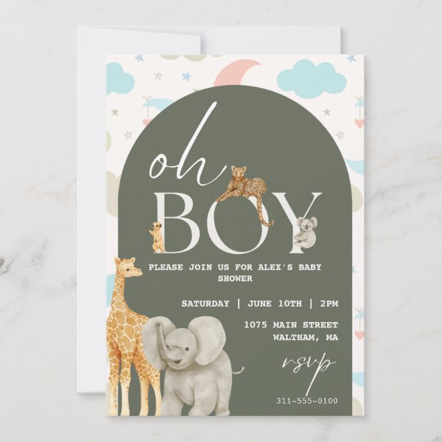 ¡Oh, chico! Invitación a Baby Shower de animales d (Anverso)