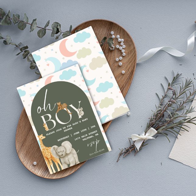 ¡Oh, chico! Invitación a Baby Shower de animales d (Oh Boy! Safari Animals Baby Shower Invitation)