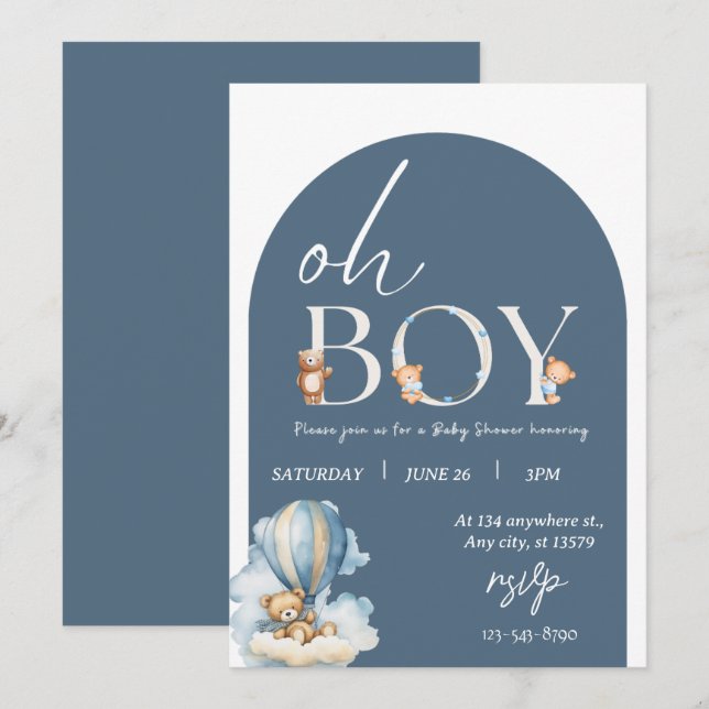 ¡Oh chico! Invitación a Baby Shower de Bear and Bl (Anverso / Reverso)