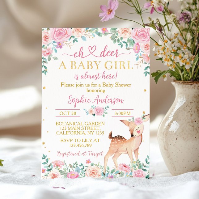 Oh ciervo Baby Shower Pink Gold Invitación floral (Subido por el creador)