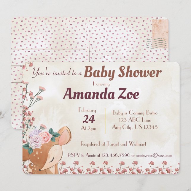 oh deer baby ducha / invitación de fiesta de cumpl (Anverso / Reverso)