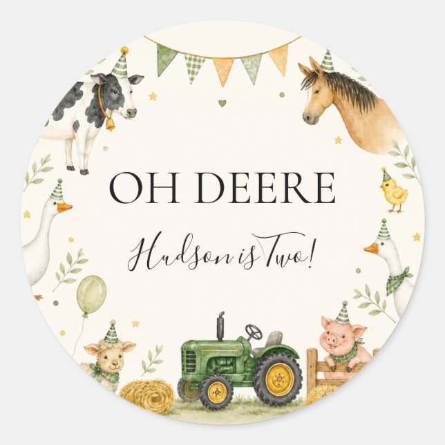 Oh Deere Farm Cumpleaños Primero Pegatina Redonda  (Anverso)