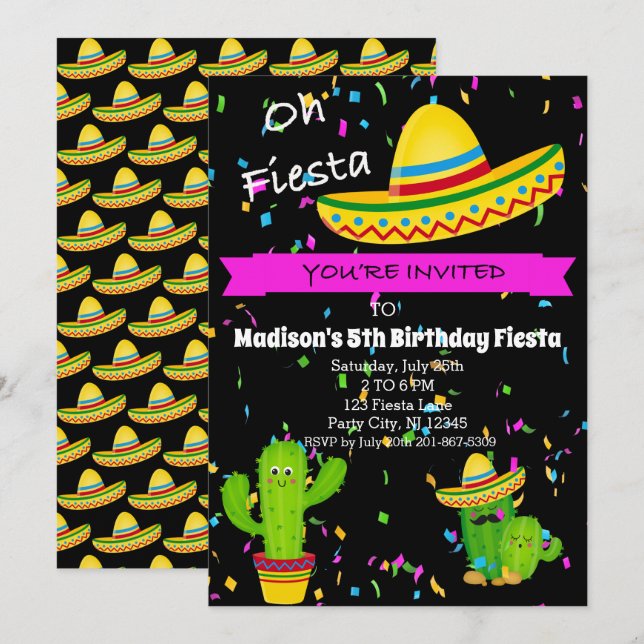 Oh Fiesta Girls Birthday Party Invitación (Anverso / Reverso)