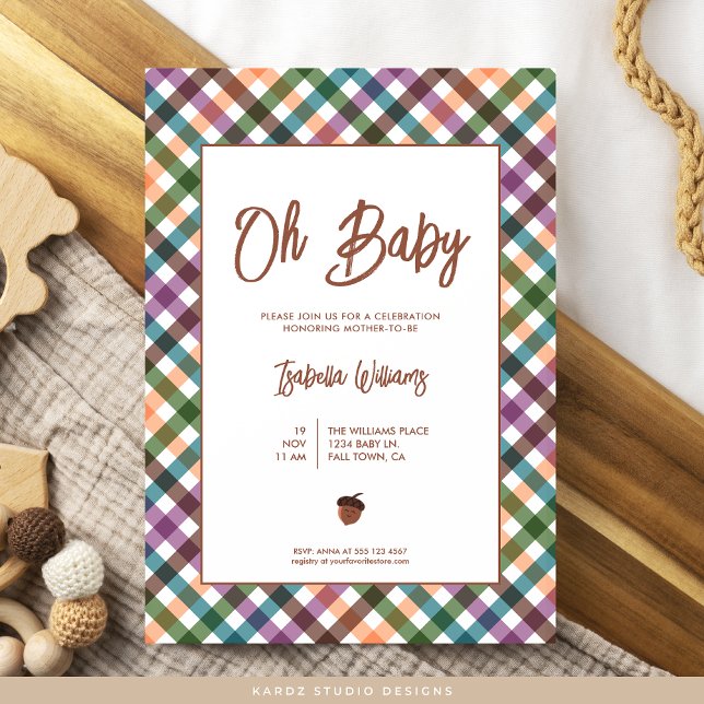 Oh Invitación a Baby Shower por Baby Checkered (Invite shown in 5 x 7 inches, choose size, paper and corner style. Buy print or digital invitations.)