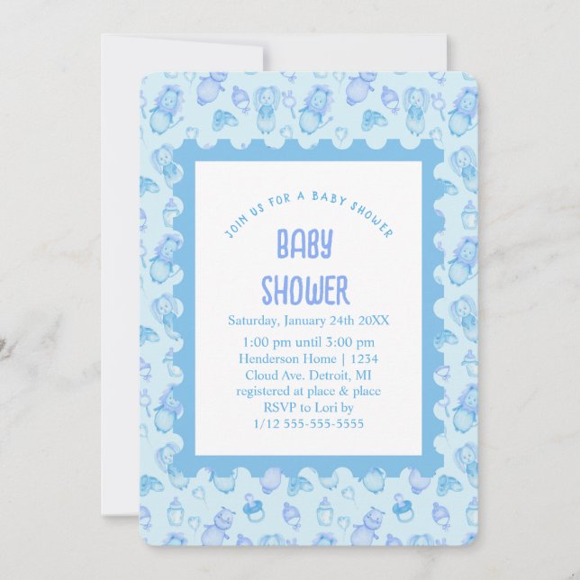 Oh Invitación azul de Baby Shower (Anverso)