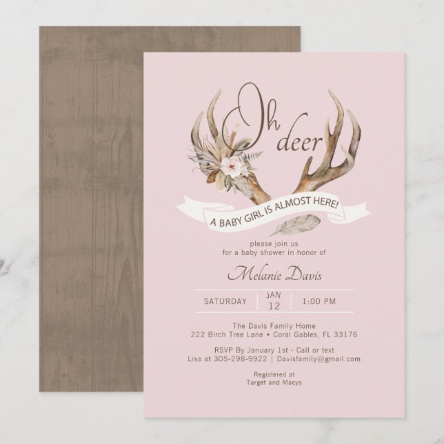 Oh Invitación de Baby Shower de Deer Pink Woodland (Anverso / Reverso)