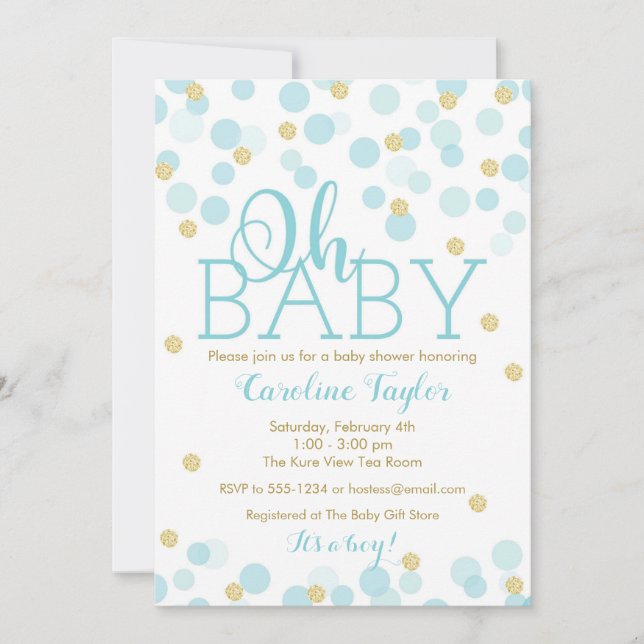 Oh Invitación de Baby Shower niño Purpurina de oro (Anverso)