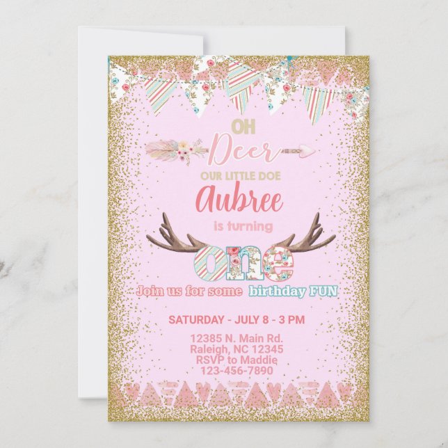 Oh invitación de cumpleaños de chica de ciervos, p (Anverso)