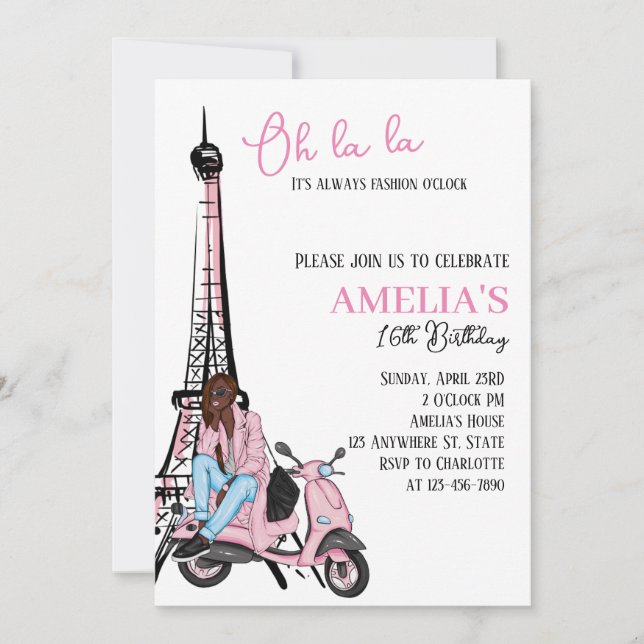 Oh la la Paris Invitación de cumpleaños rosado (Anverso)