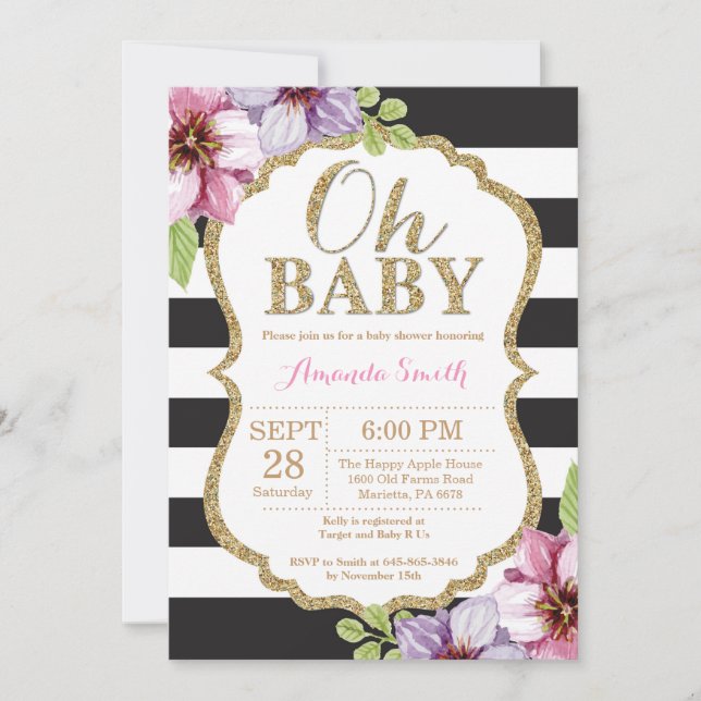 Oh negro del bebé e invitación de Baby Shower del (Anverso)