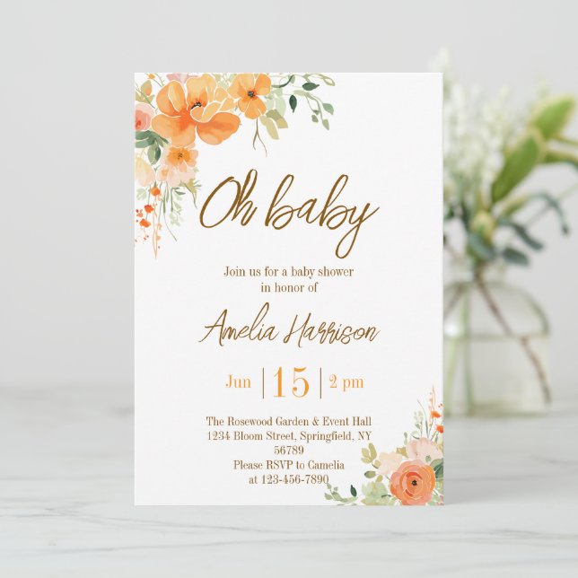 ¡Oh, nena! Elegante invitación floral a Baby Showe (Anverso de pie)