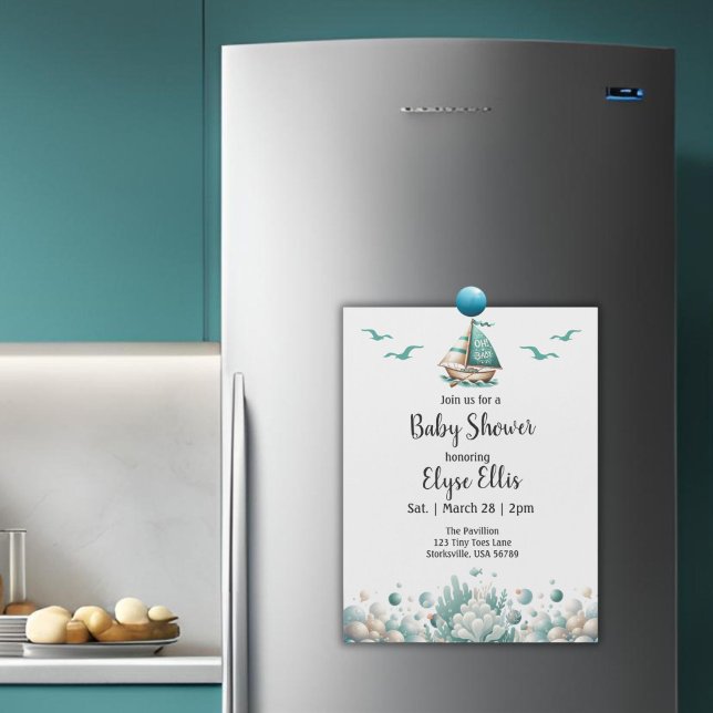 "Oh, nena", imán ruso de Baby Shower azul náutico ("Oh, Baby" Baby Shower Magnetic Invitation)