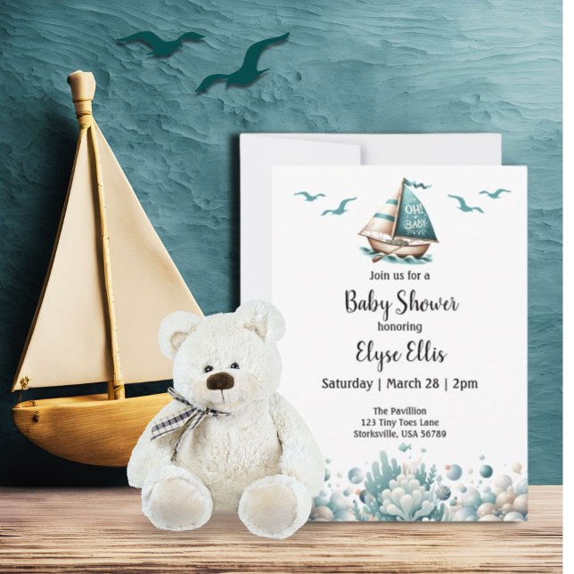 ¡Oh, nena! Invitación a Baby Shower Rustic Blue (Oh, Baby Vintage Nautical Baby Shower Invitation)