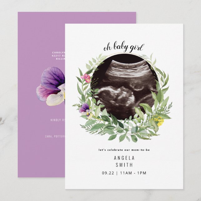 Oh Niña Bebé Ultrasonido Invitación Dulce Floral (Anverso / Reverso)