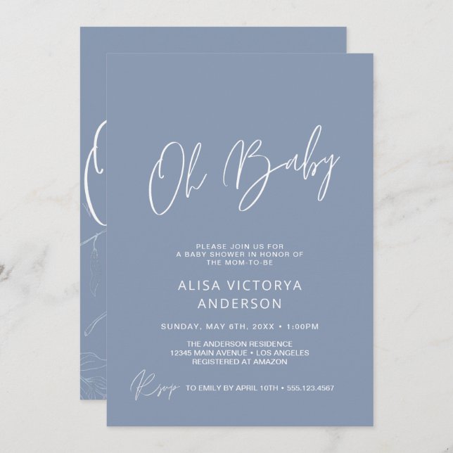 Oh Niño Baby Dusty Blue Invitación Simple para la  (Anverso / Reverso)
