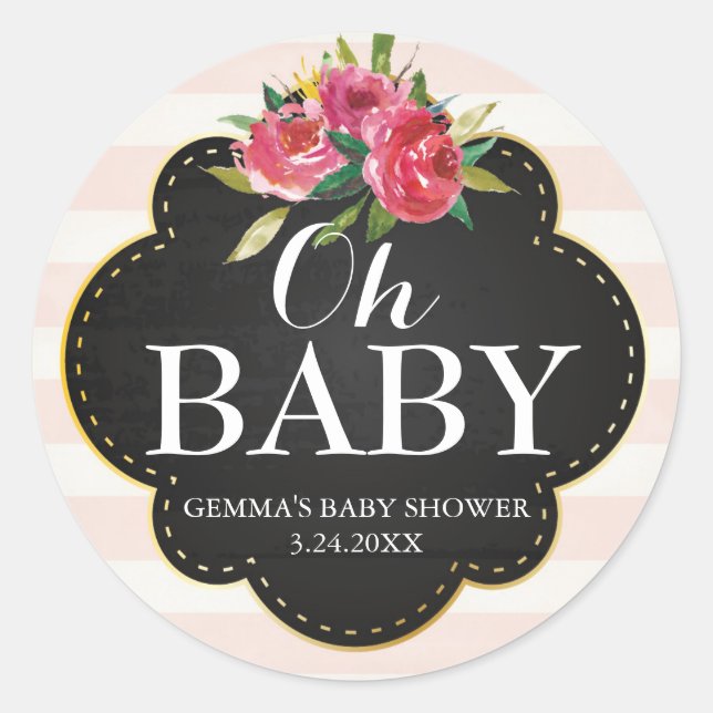 Oh Pegatina de Baby Shower Party Favor - Rayas (Anverso)