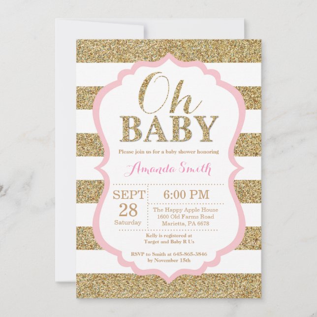 Oh rosas bebés e invitación de Baby Shower del oro (Anverso)