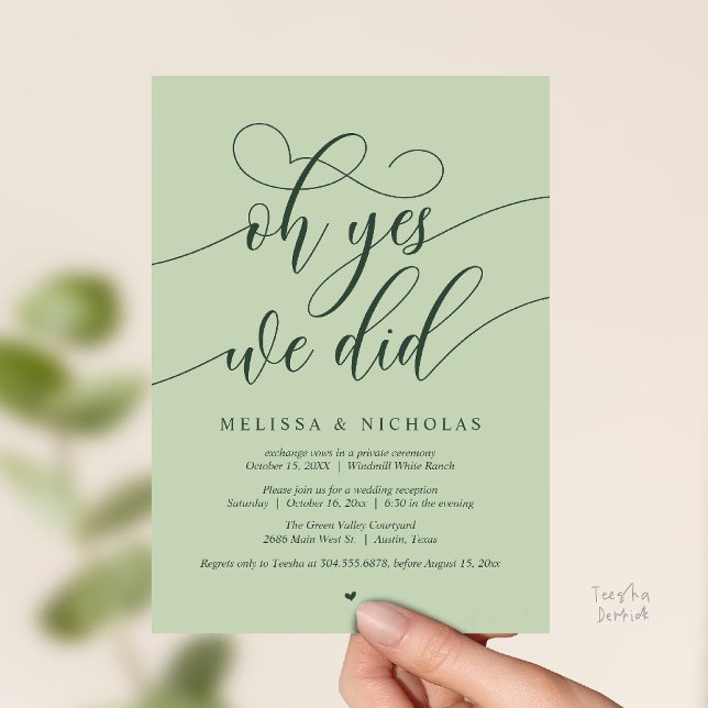 ¡Oh sí, lo hicimos! Anuncio de fuga con guión mode (Oh Yes We Did Modern Script Elopement Announcement Card in Forest Green Eucalyptus )