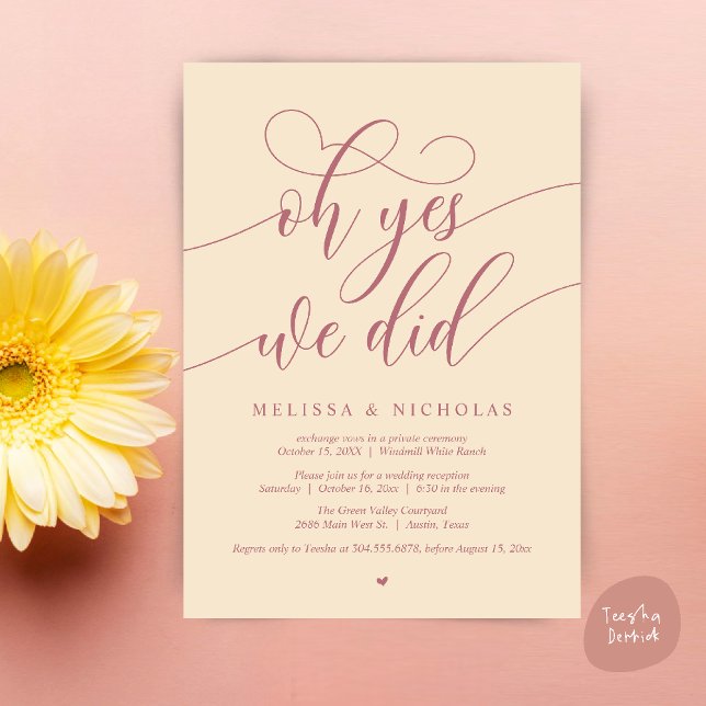 ¡Oh sí, lo hicimos! Anuncio de fuga con guión mode (Oh Yes We Did Modern Creative Script Elopement Announcement Dinner Card in Champagne and Rose Gold)