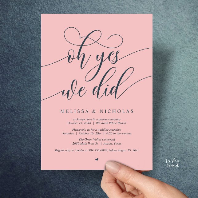 ¡Oh sí, lo hicimos! Anuncio de fuga con guión mode (Oh Yes We Did Modern Creative Script Elopement Announcement Dinner Card in Blush and Charcoal Grey)