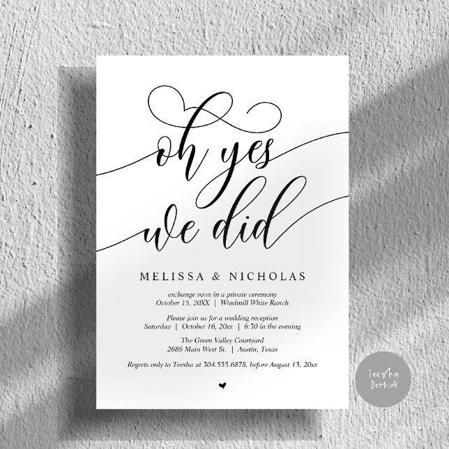 ¡Oh sí, lo hicimos! Anuncio de fuga con guión mode (Oh Yes We Did Modern Creative Script Elopement Announcement Dinner Card in Black and White)