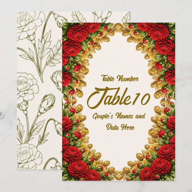 Ohio Red Carnation Wedding Table Number Card (Anverso / Reverso)
