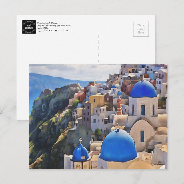 Oia, Santorini. Postal de pintura de Grecia (Anverso / Reverso)