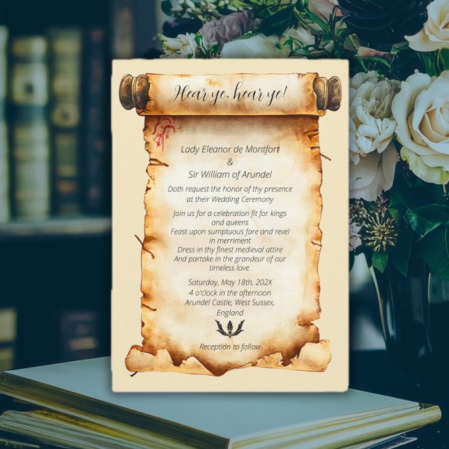 Oíd Mortales Invitación de Boda con Pergamino Medi (Hear Ye Medieval Aged Scroll Wedding Invitation)
