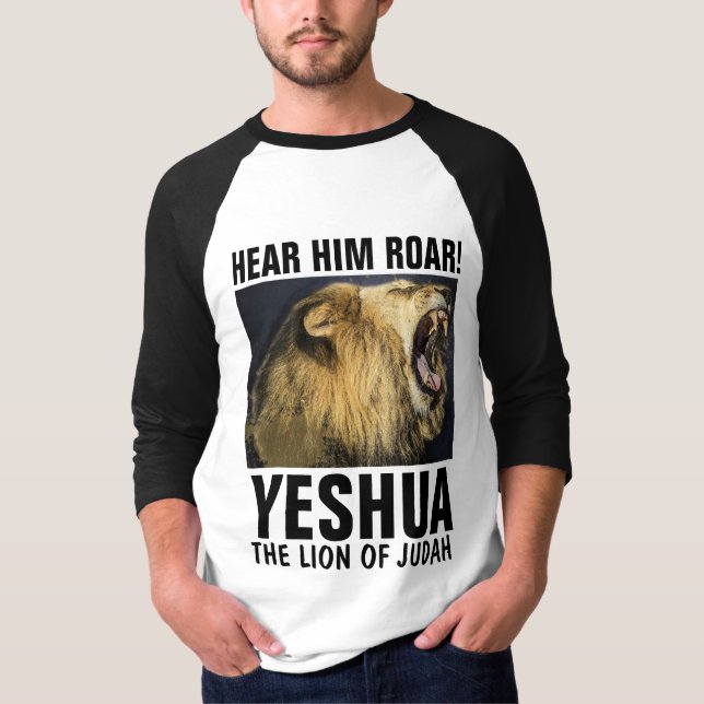 ¡ÓIGALO RUGIR! YESHUA, LEÓN de las camisetas de (Anverso)