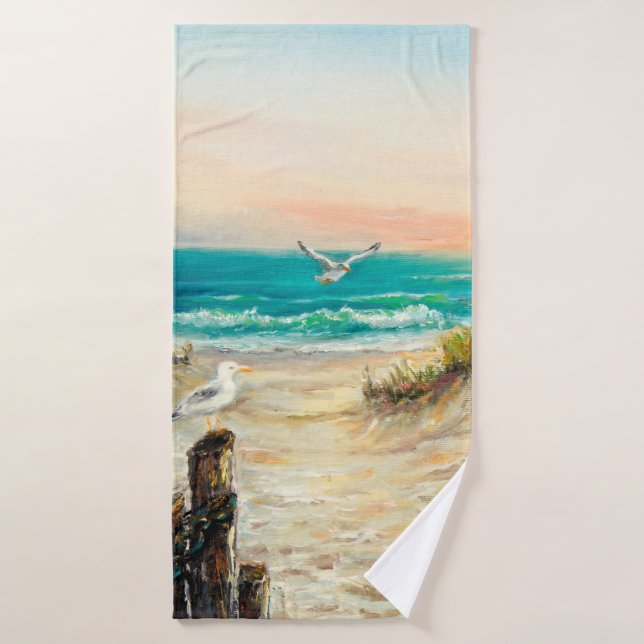  oil painting of ocean beach dunes with seagulls o (Toalla de baño)