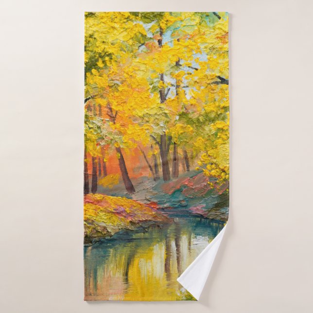 oil painting on canvas - autumn forestpaint,oil,ar (Toalla de baño)
