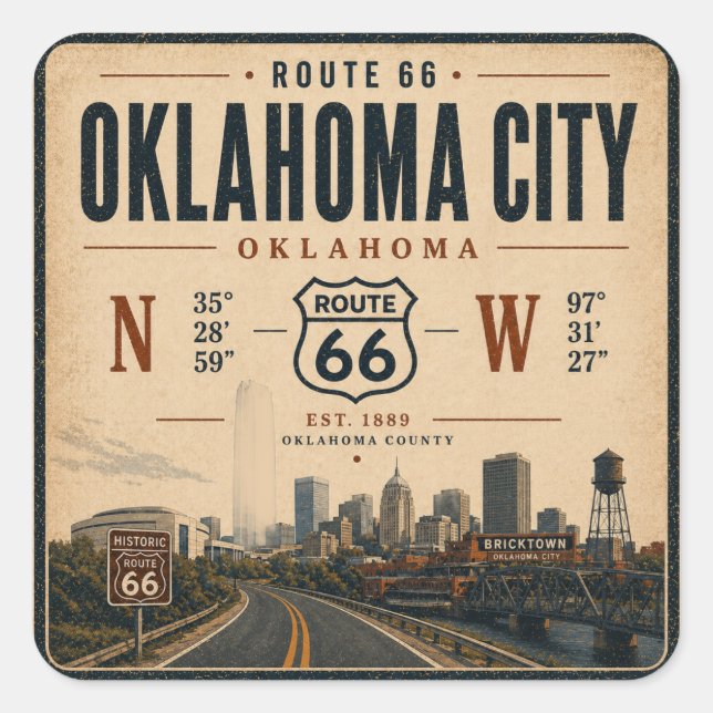 Oklahoma City Ruta 66 Coordenadas Calcomanía (Anverso)