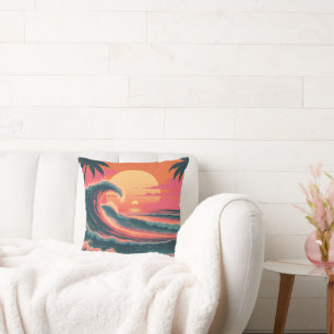 Ola de puesta de sol vintage Almohada retro trop