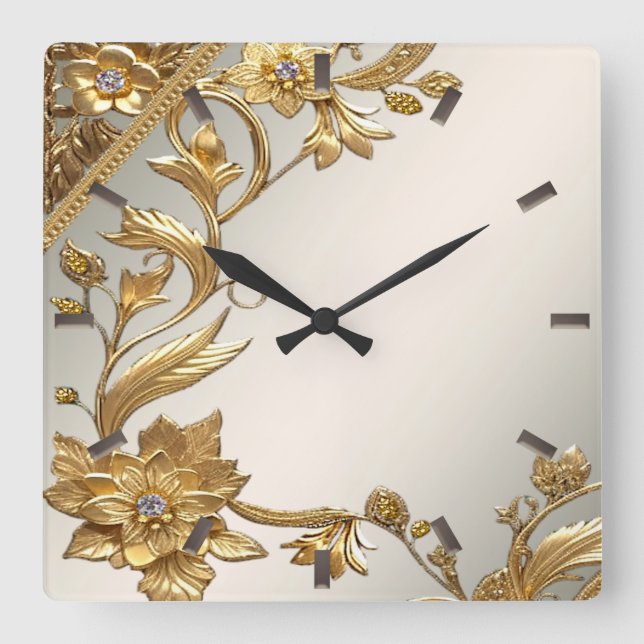 Ola dorada deja reloj de pared floral (Anverso)