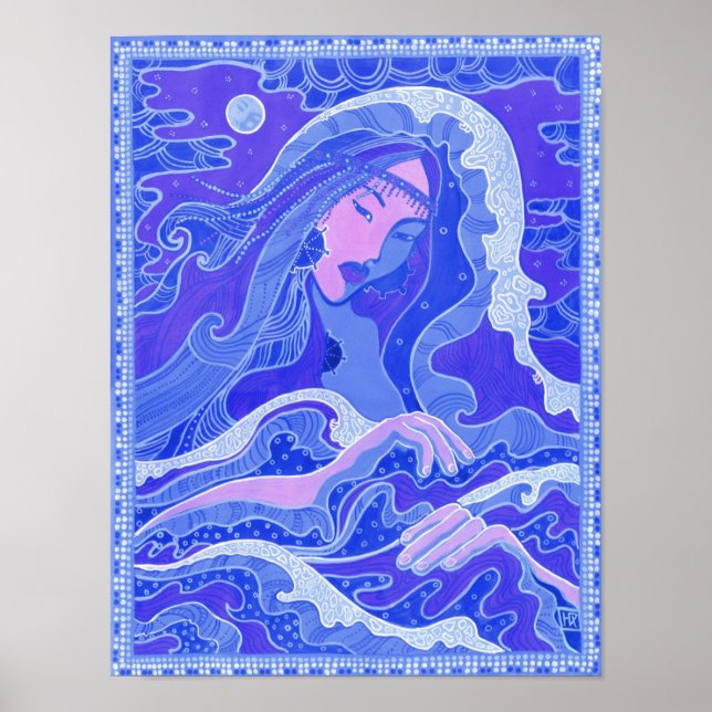 Ola, sirena, fantasía, arte Chica asiático, azul y (Frente)