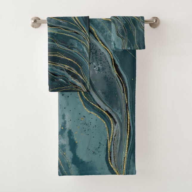 Olas abstractas de acuarela azul turquesa dorado (In situ)