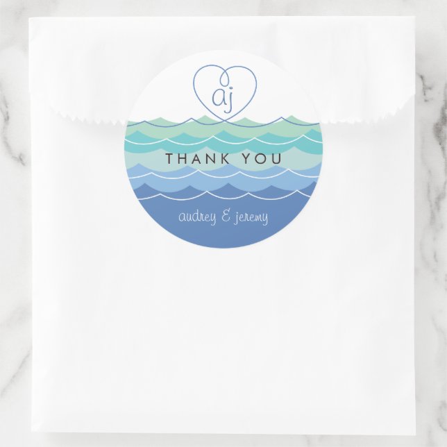 Olas azules Loopy Heart Gracias Boda Pegatina (Bolso)