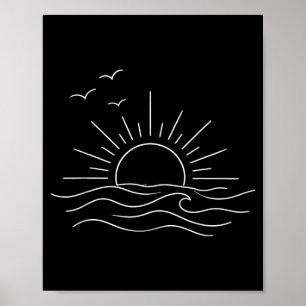 Olas de océano al atardecer arte de línea minimali