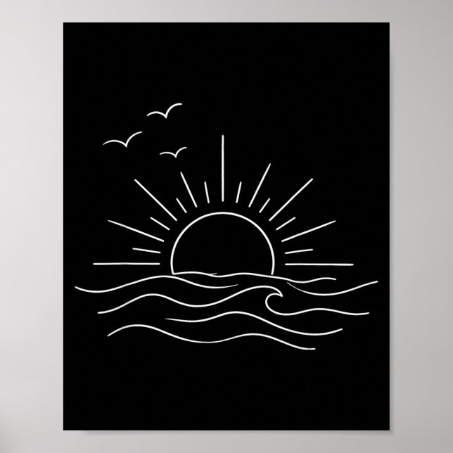 Olas de océano al atardecer arte de línea minimali (Frente)
