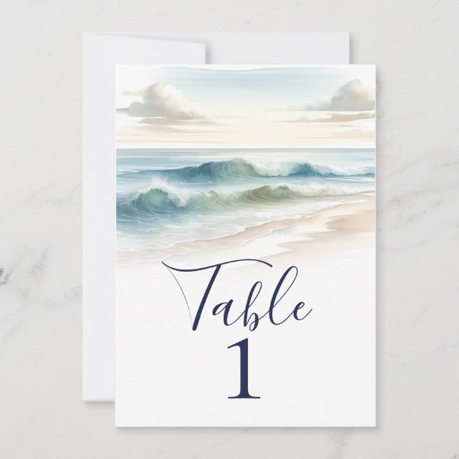 Olas de Playa con Acuarela Número de Mesa para Bod (Anverso)