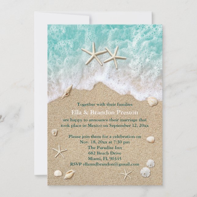 Olas de Playa y Estrella de Mar Invitación de Boda (Anverso)