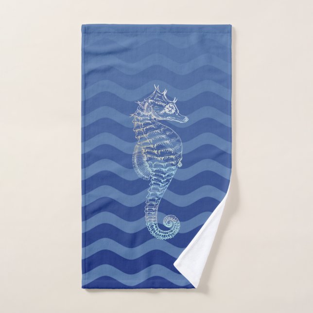 Olas de raya azul marino náutico caballito de mar (Toalla de mano)