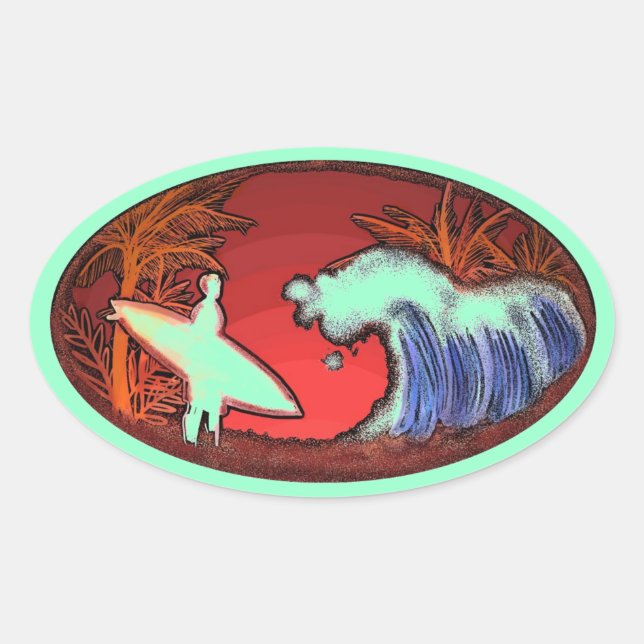 Olas de surf pegatinas en la playa de arte verde (Anverso)