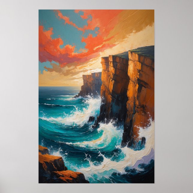 Olas del océano chocando contra acantilados Arte c (Frente)