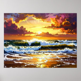 Olas dramáticas del océano en el arte del atardece