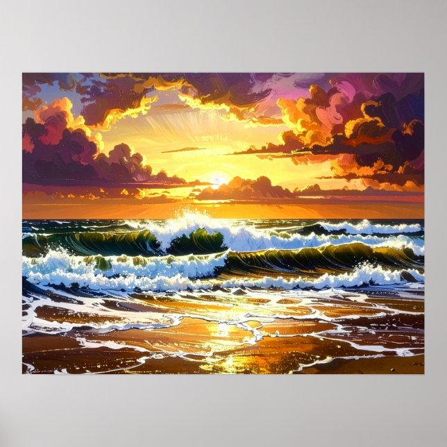 Olas dramáticas del océano en el arte del atardece (Frente)