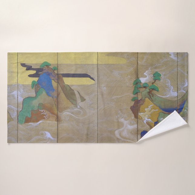 Olas en Matsushima (izquierda), Tawaraya Sotatsu (Toalla de baño)