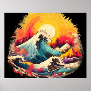Olas que rompen bajo una puesta de sol dorada Arte